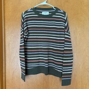 REI Cooperative‎ Striped Waffle Knit Crewneck Sweater XS Olive Pink Lavender